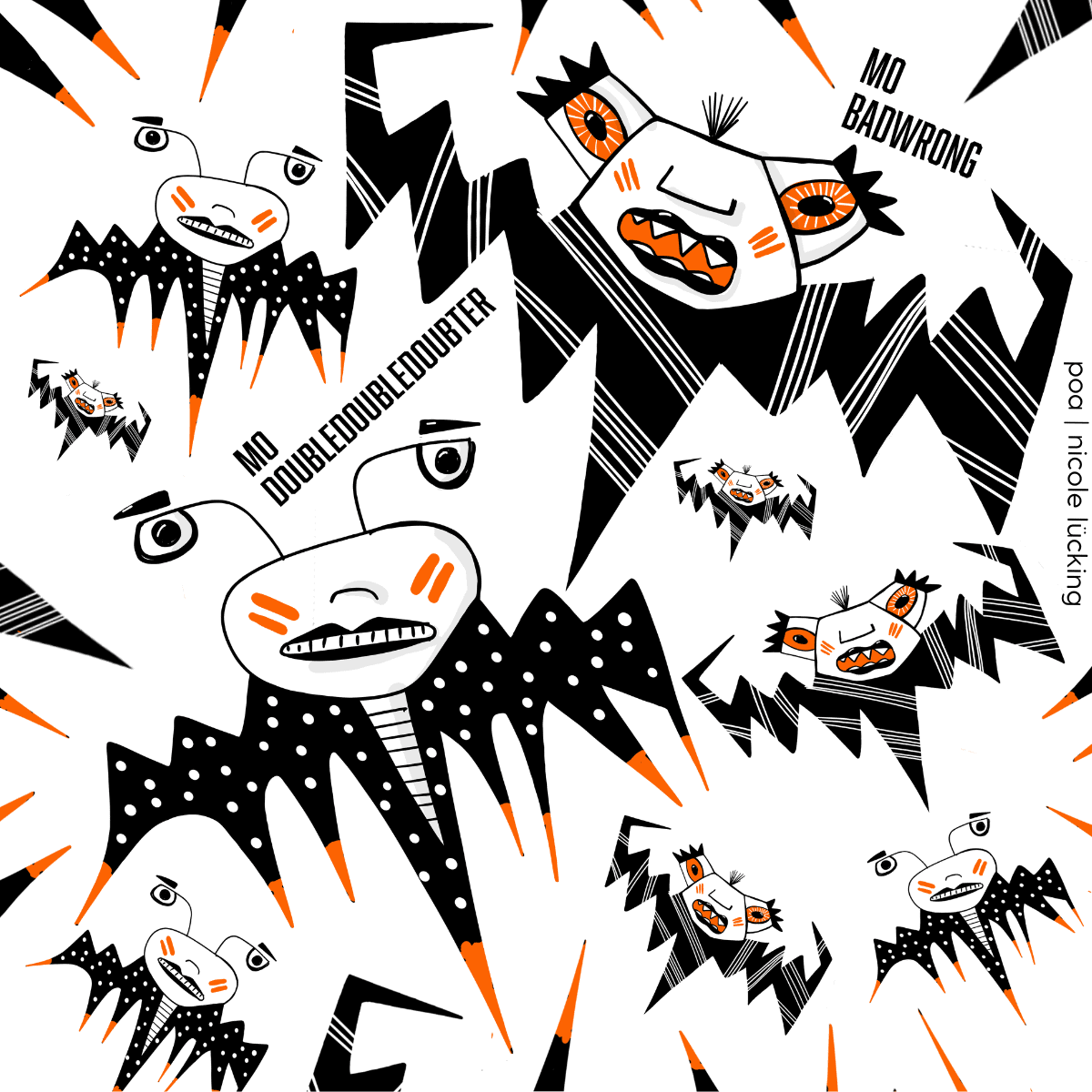 Projektkiller-Monster: Mo BadWrong und MO DoubleDoubleDoubter. Monster, die ein bisschen aussehen wie Fledermäuse, mit spitzem Stachel. Comiczeichnung eines Monsters, dass auf einem Papierstapel stizt, Papier isst und ein Handy in der Hand hat. Überall Informationen.